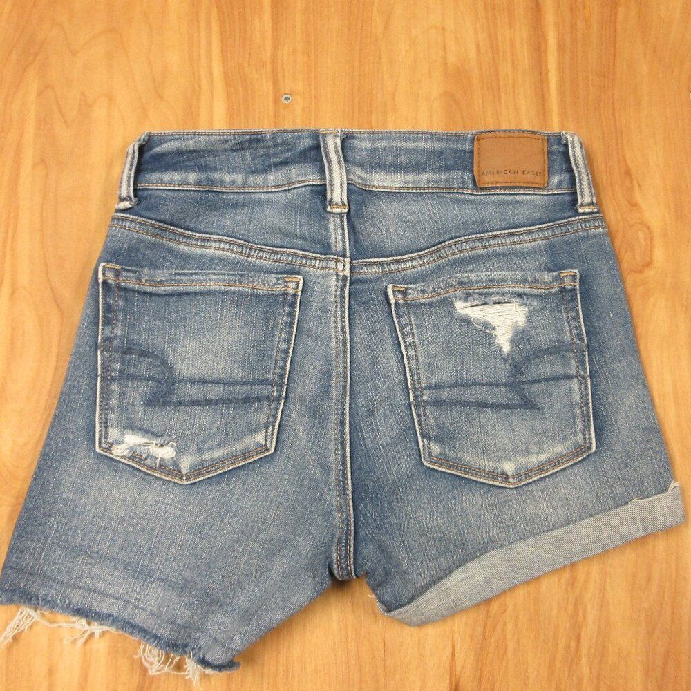 AMERICAN EAGLE Hi-Rise Shortie Sz 0 Frayed‎ Hem Ripped Denim Jeans Shorts Jorts